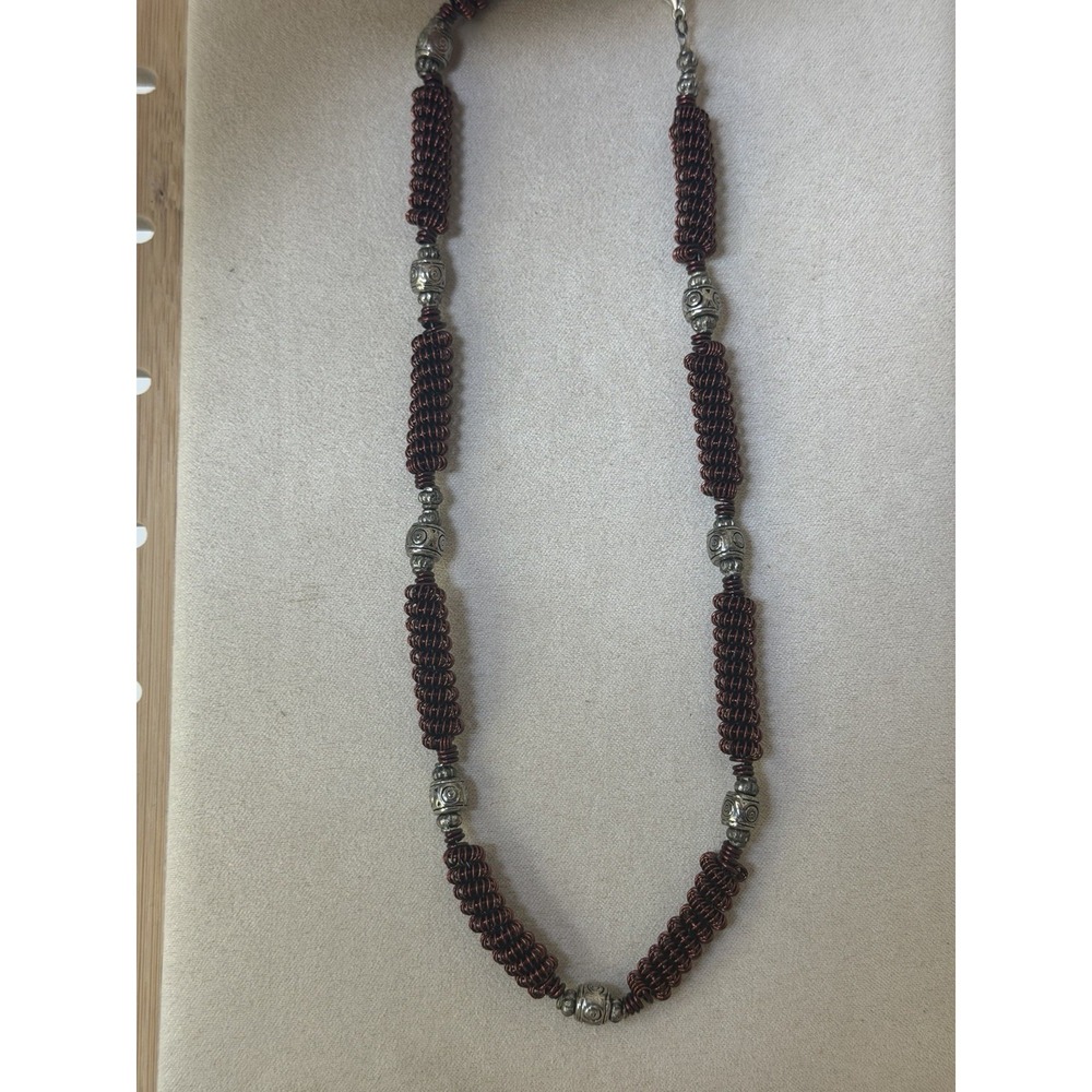 Artisan Made Copper Coil Wire Necklace with Silver Tone Beads & Clasp